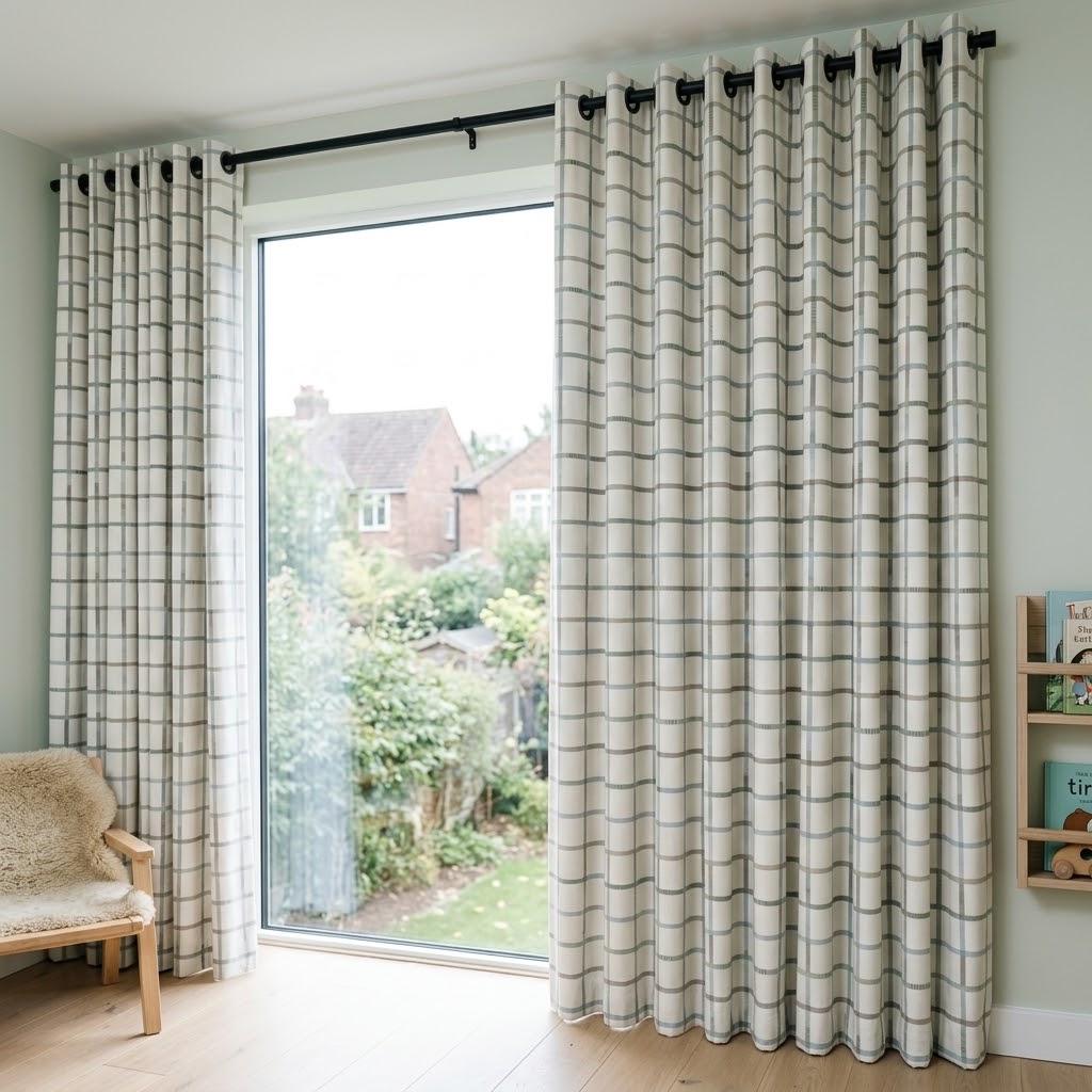 Ivory Matte Velvet Nursery Curtains, Blue & Sage Windowpane Plaid, Custom Size, Optional Blackout Lining — image 4