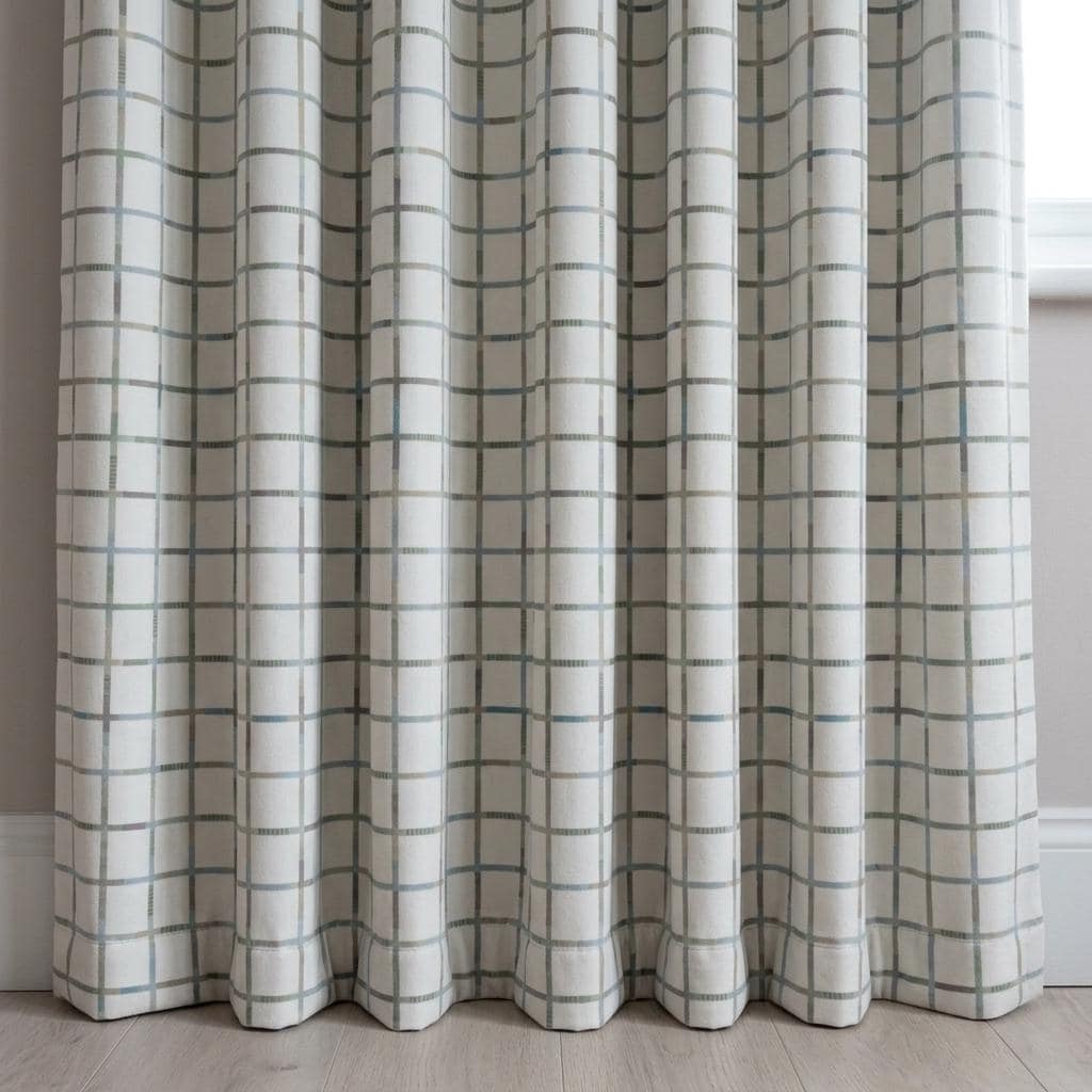 Ivory Matte Velvet Nursery Curtains, Blue & Sage Windowpane Plaid, Custom Size, Optional Blackout Lining — image 6