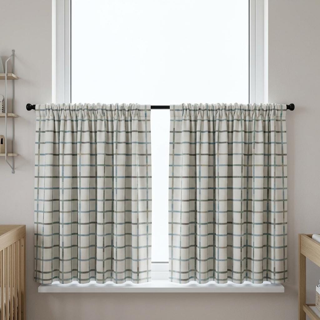 Ivory Matte Velvet Nursery Curtains, Blue & Sage Windowpane Plaid, Custom Size, Optional Blackout Lining — image 8