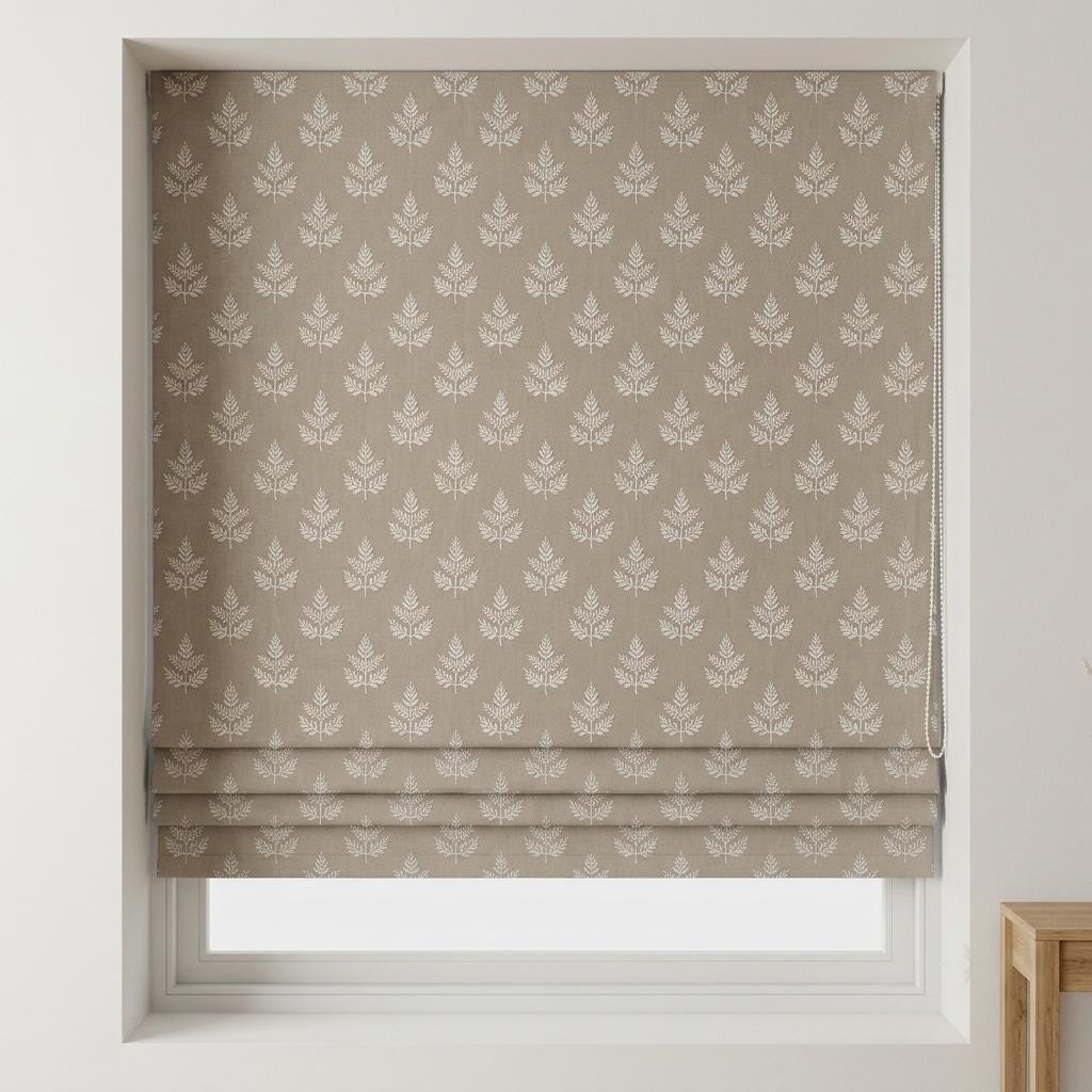 Natural Flax Beige Linen Roman Shade, Ivory Botanical Leaf Embroidered Blind, Custom Corded Blackout Window Shade — image 1