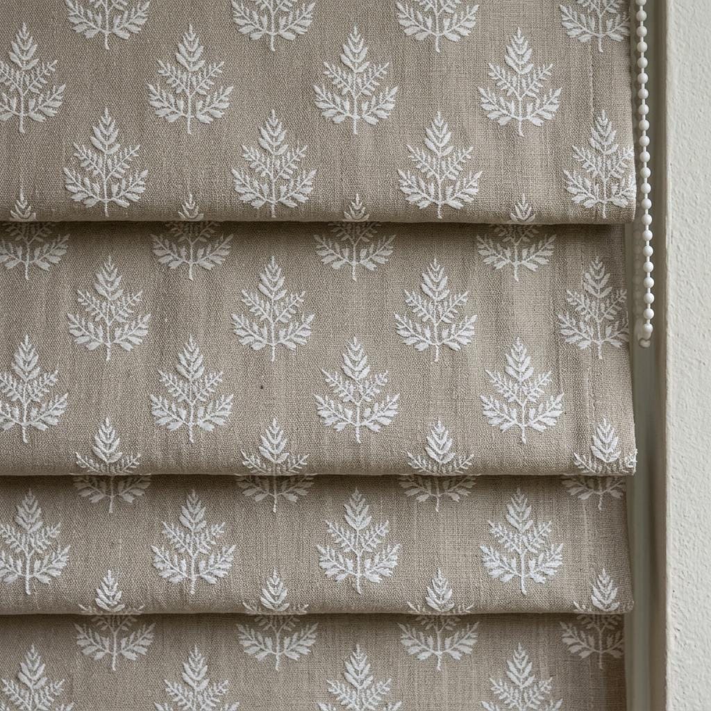 Natural Flax Beige Linen Roman Shade, Ivory Botanical Leaf Embroidered Blind, Custom Corded Blackout Window Shade — image 1