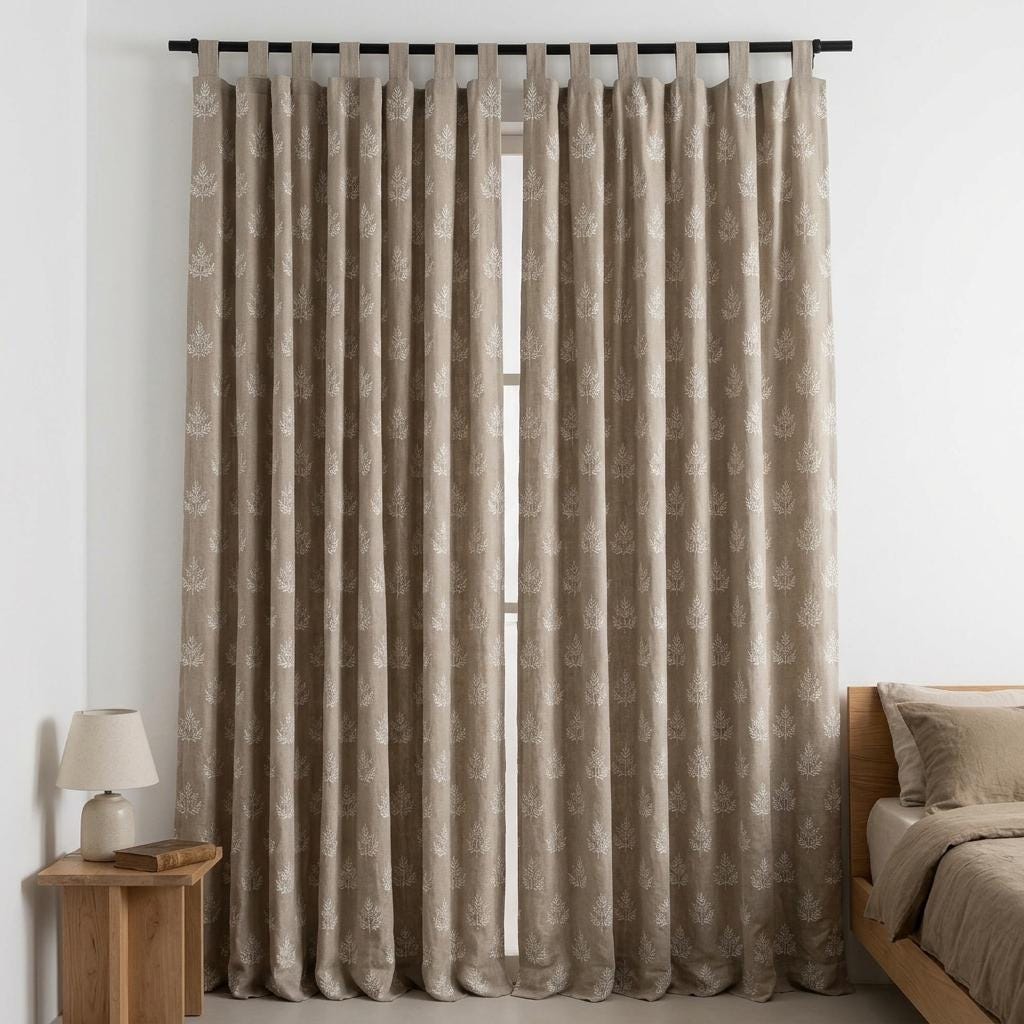 Oatmeal Beige Linen Curtains with White Leaf Embroidery, Botanical Drapes, Custom Size, Optional Blackout Lining — image 4