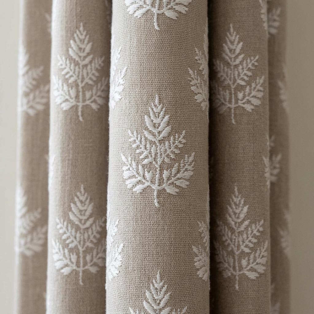 Oatmeal Beige Linen Curtains with White Leaf Embroidery, Botanical Drapes, Custom Size, Optional Blackout Lining — image 7