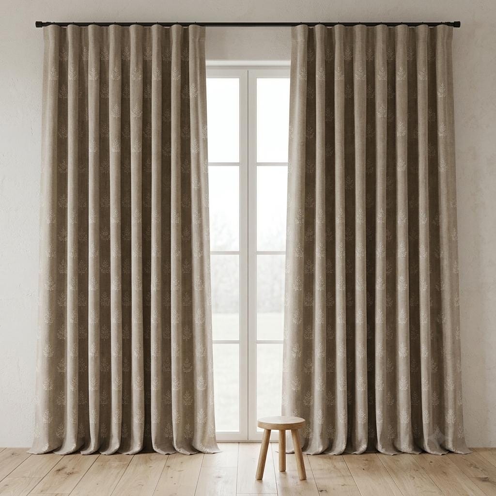 Oatmeal Beige Linen Curtains with White Leaf Embroidery, Botanical Drapes, Custom Size, Optional Blackout Lining — image 6