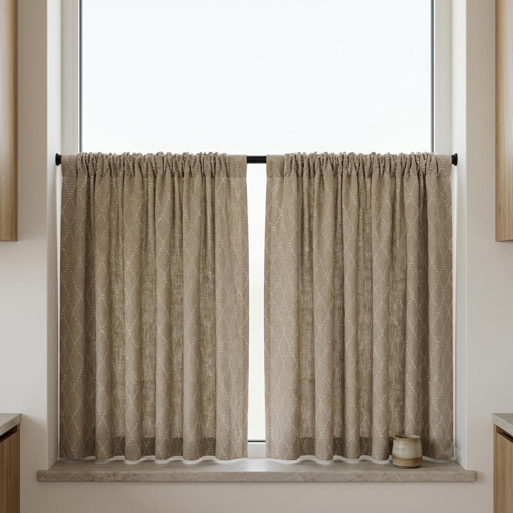 Oatmeal Beige Linen Curtains with White Diamond Embroidery, Geometric Boho Drapes, Custom Size, Optional Blackout Lining — image 6