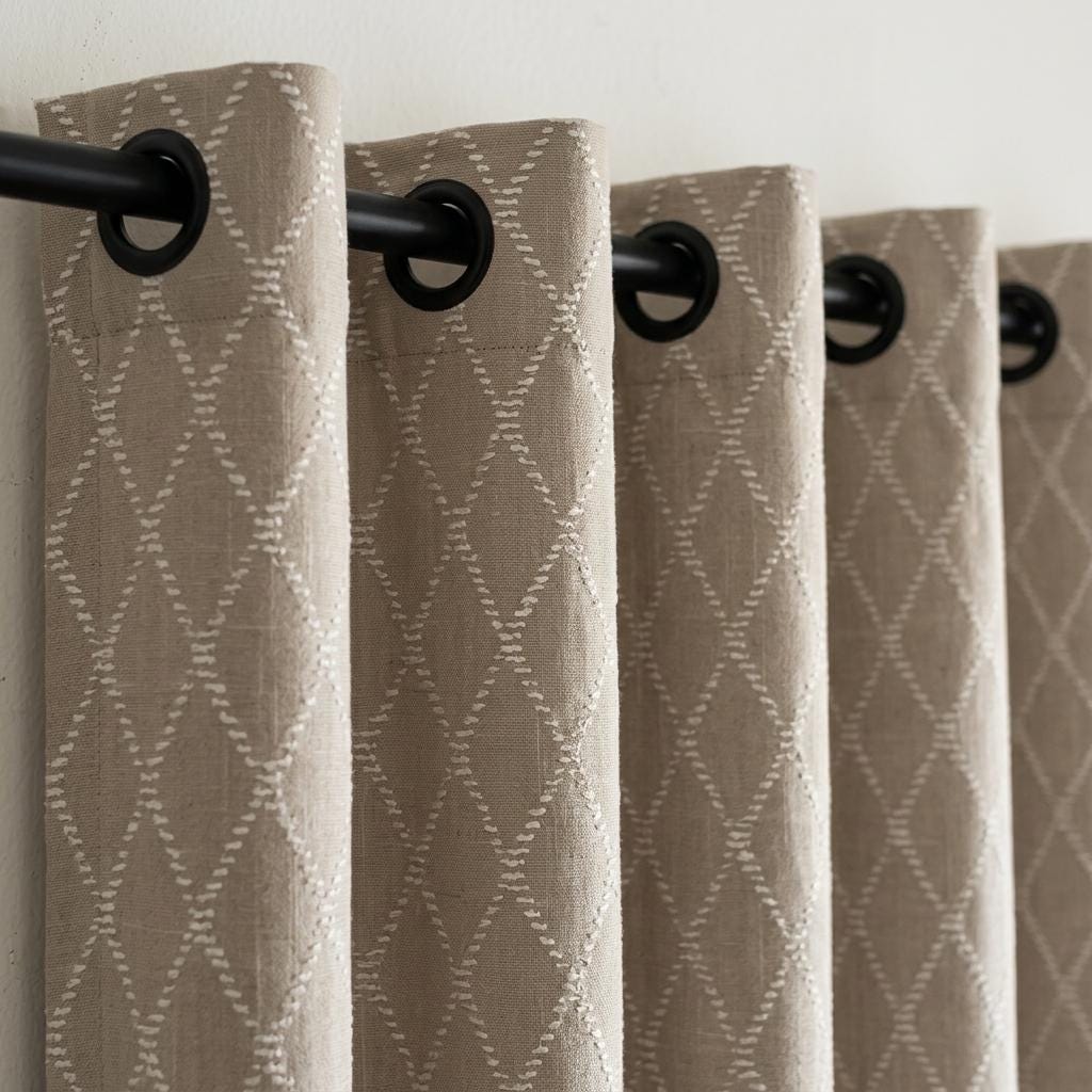 Oatmeal Beige Linen Curtains with White Diamond Embroidery, Geometric Boho Drapes, Custom Size, Optional Blackout Lining — image 3