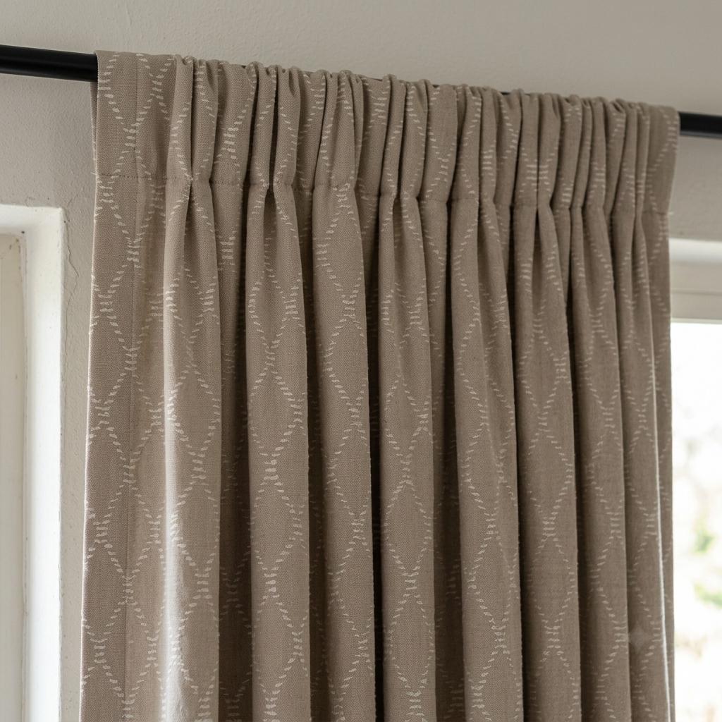 Oatmeal Beige Linen Curtains with White Diamond Embroidery, Geometric Boho Drapes, Custom Size, Optional Blackout Lining — image 9