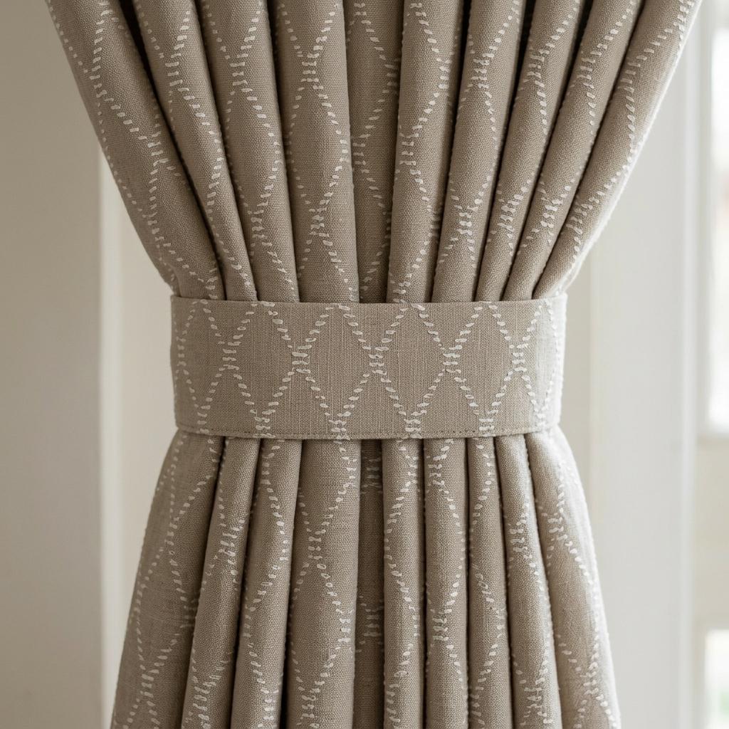Oatmeal Beige Linen Curtains with White Diamond Embroidery, Geometric Boho Drapes, Custom Size, Optional Blackout Lining — image 2