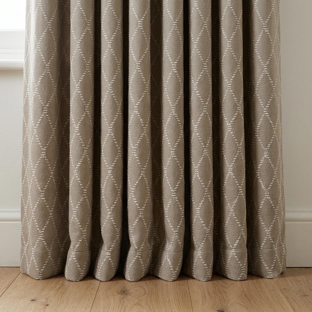 Oatmeal Beige Linen Curtains with White Diamond Embroidery, Geometric Boho Drapes, Custom Size, Optional Blackout Lining — image 4