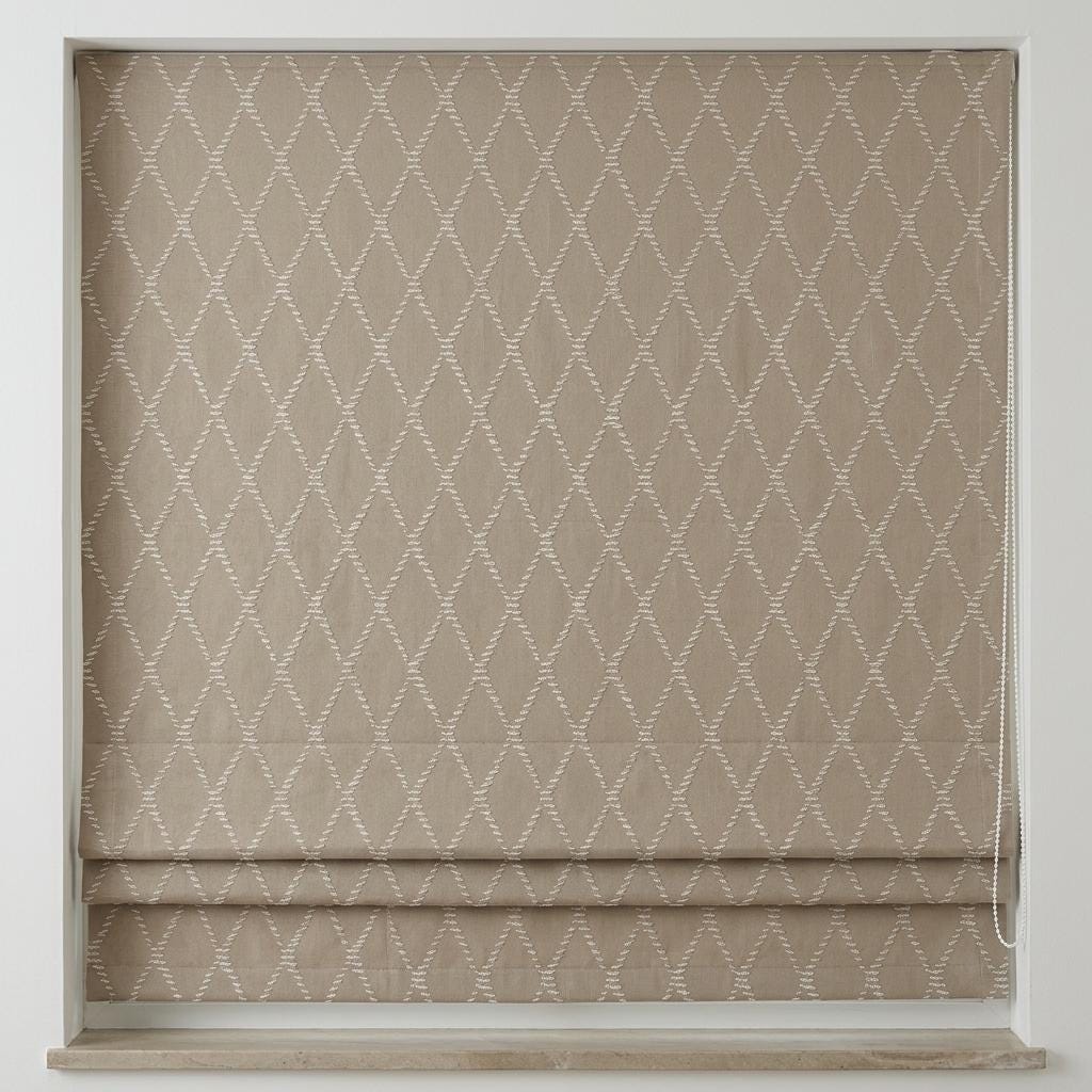 Natural Beige Linen Roman Shade, Ivory Diamond Trellis Embroidered Blind, Custom Corded Blackout Window Shade — image 7