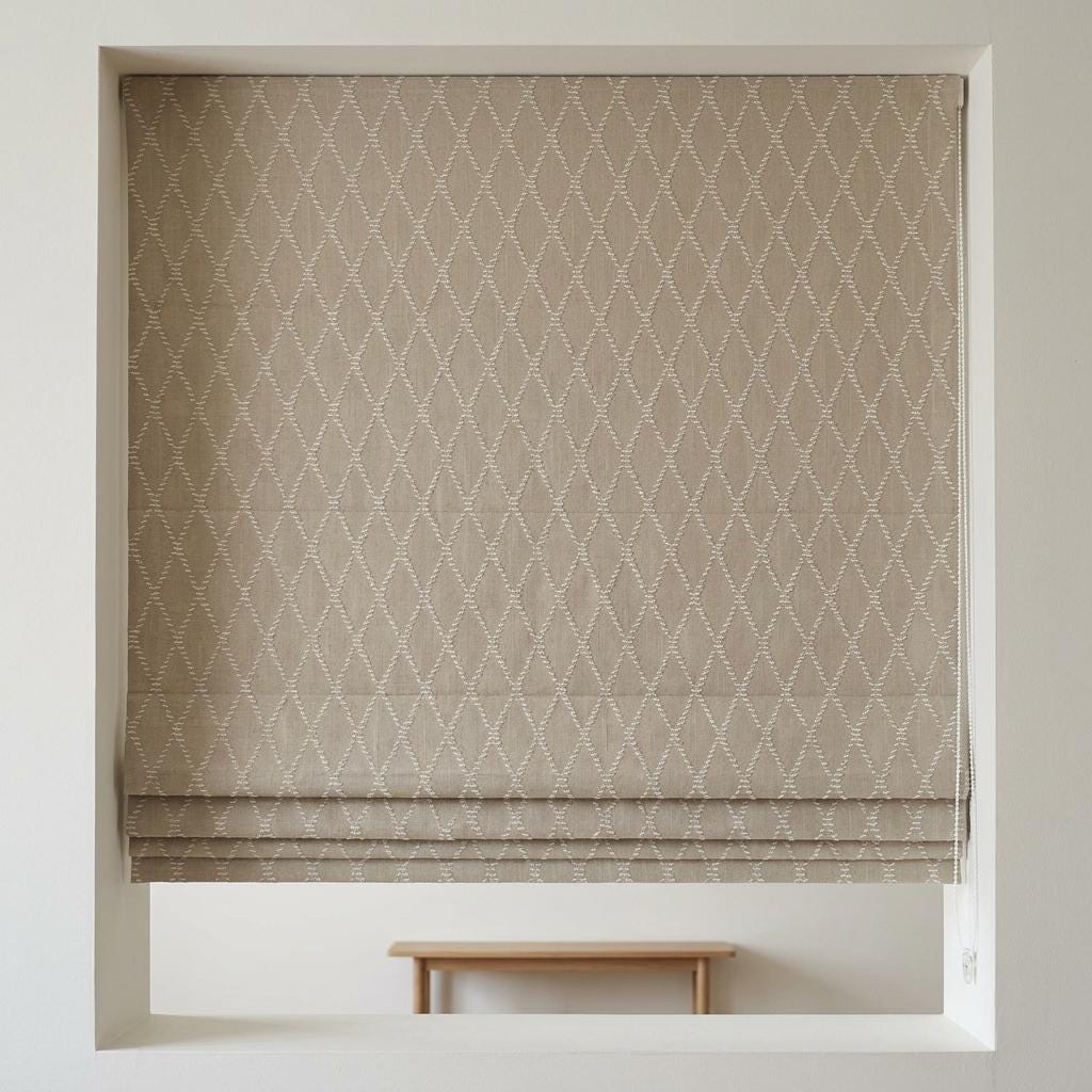 Natural Beige Linen Roman Shade, Ivory Diamond Trellis Embroidered Blind, Custom Corded Blackout Window Shade — image 5