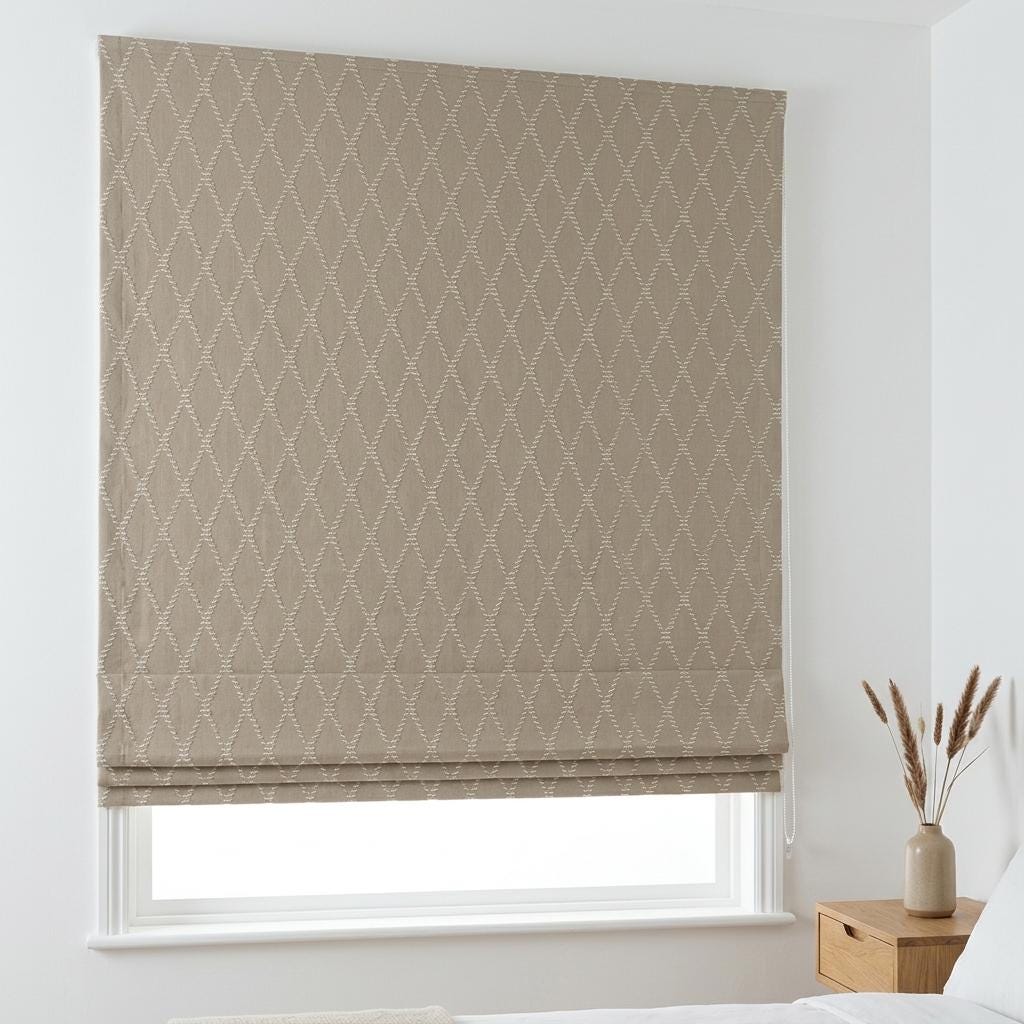 Natural Beige Linen Roman Shade, Ivory Diamond Trellis Embroidered Blind, Custom Corded Blackout Window Shade — image 2