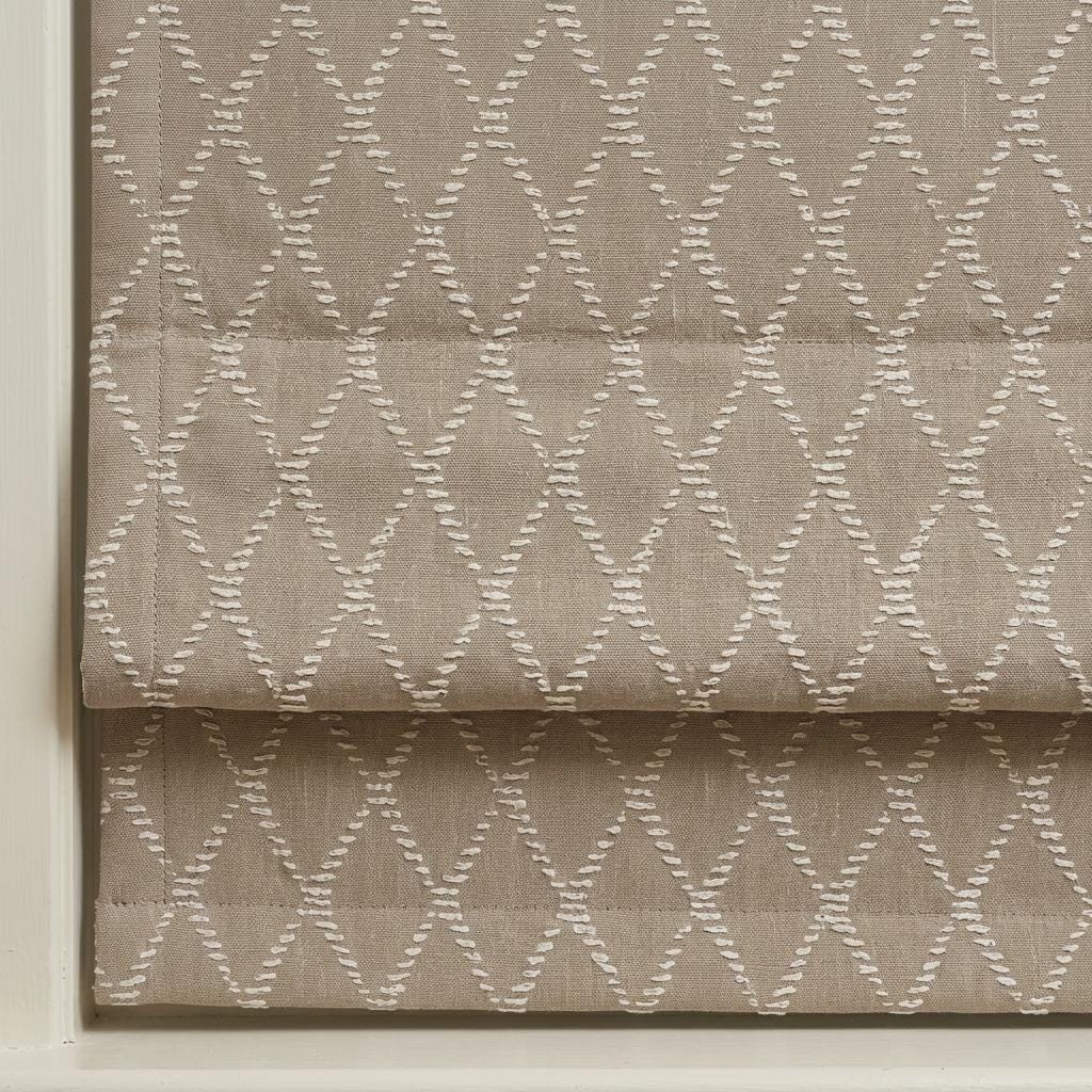 Natural Beige Linen Roman Shade, Ivory Diamond Trellis Embroidered Blind, Custom Corded Blackout Window Shade — image 4
