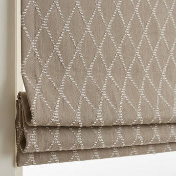Natural Beige Linen Roman Shade, Ivory Diamond Trellis Embroidered Blind, Custom Corded Blackout Window Shade — image 1