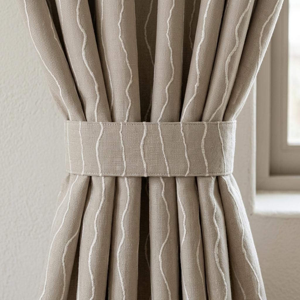 Oatmeal Beige Linen Curtains with White Wavy Stripe Embroidery, Neutral Coastal Drapes, Custom Size, Optional Blackout Lining — image 1