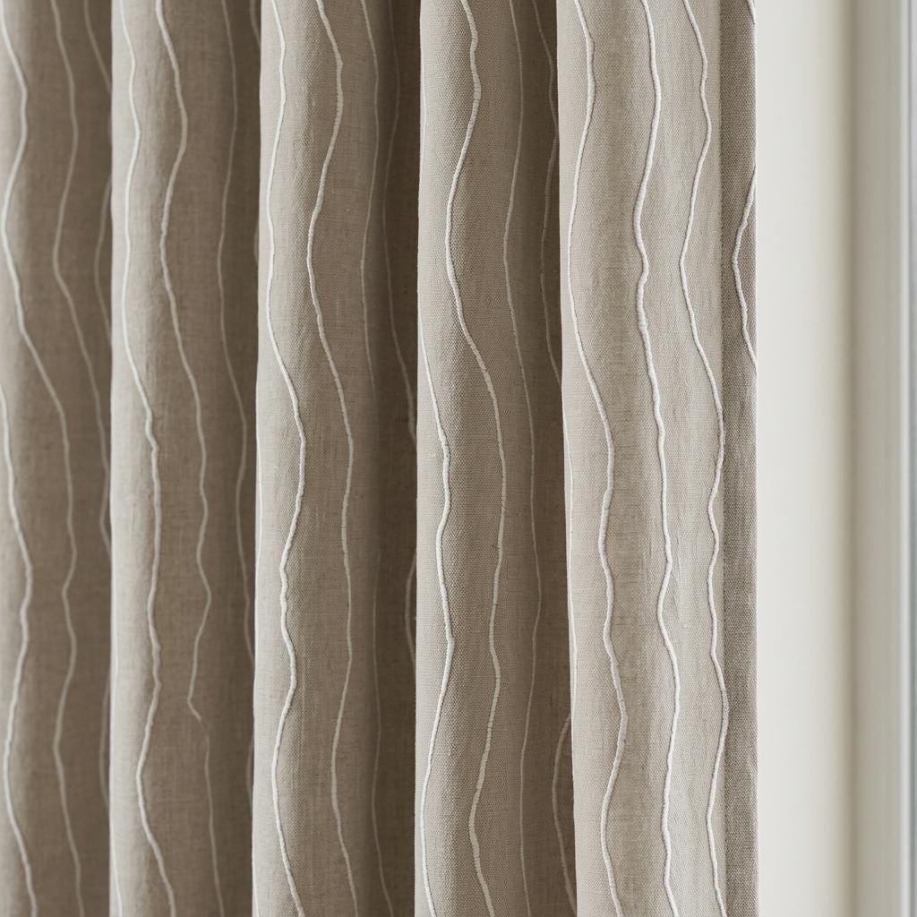 Oatmeal Beige Linen Curtains with White Wavy Stripe Embroidery, Neutral Coastal Drapes, Custom Size, Optional Blackout Lining — image 1