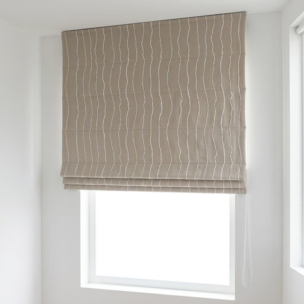 Natural Beige Linen Roman Shade, Ivory Wavy Stripe Embroidered Blind, Custom Corded Blackout Window Shade — image 2