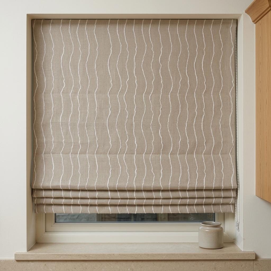 Natural Beige Linen Roman Shade, Ivory Wavy Stripe Embroidered Blind, Custom Corded Blackout Window Shade — image 10