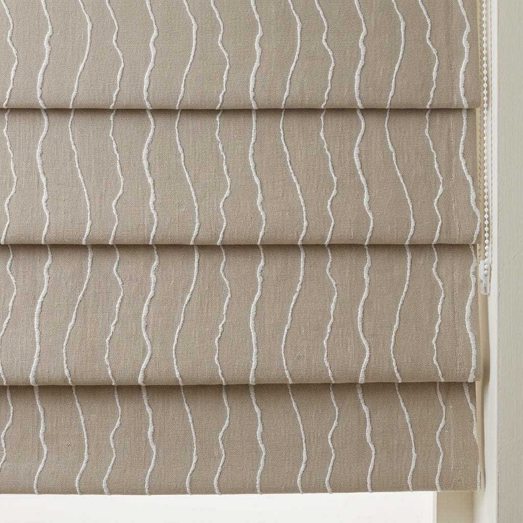 Natural Beige Linen Roman Shade, Ivory Wavy Stripe Embroidered Blind, Custom Corded Blackout Window Shade — image 9