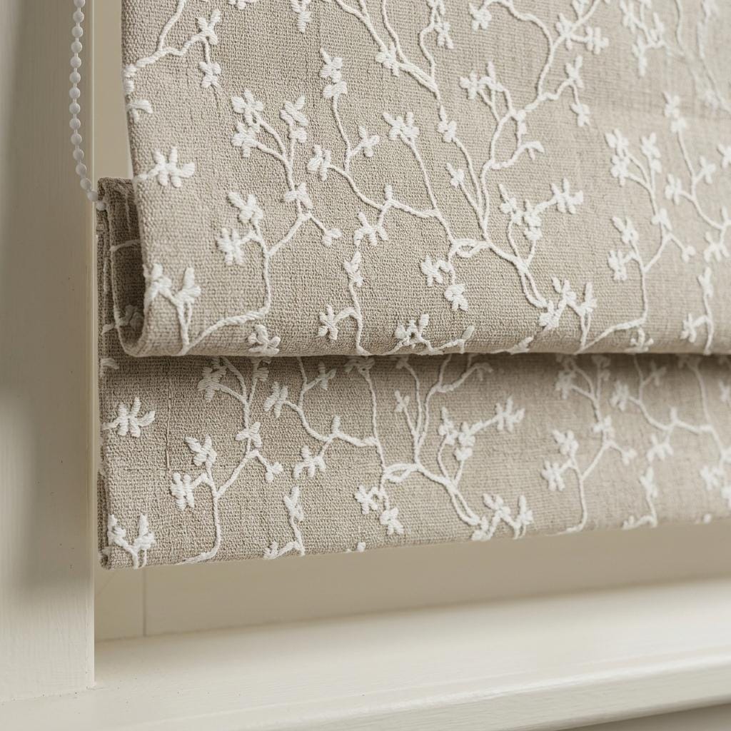 Natural Beige Linen Roman Shade, Ivory Floral Vine Embroidered Blind, Custom Corded Blackout Window Shade — image 5