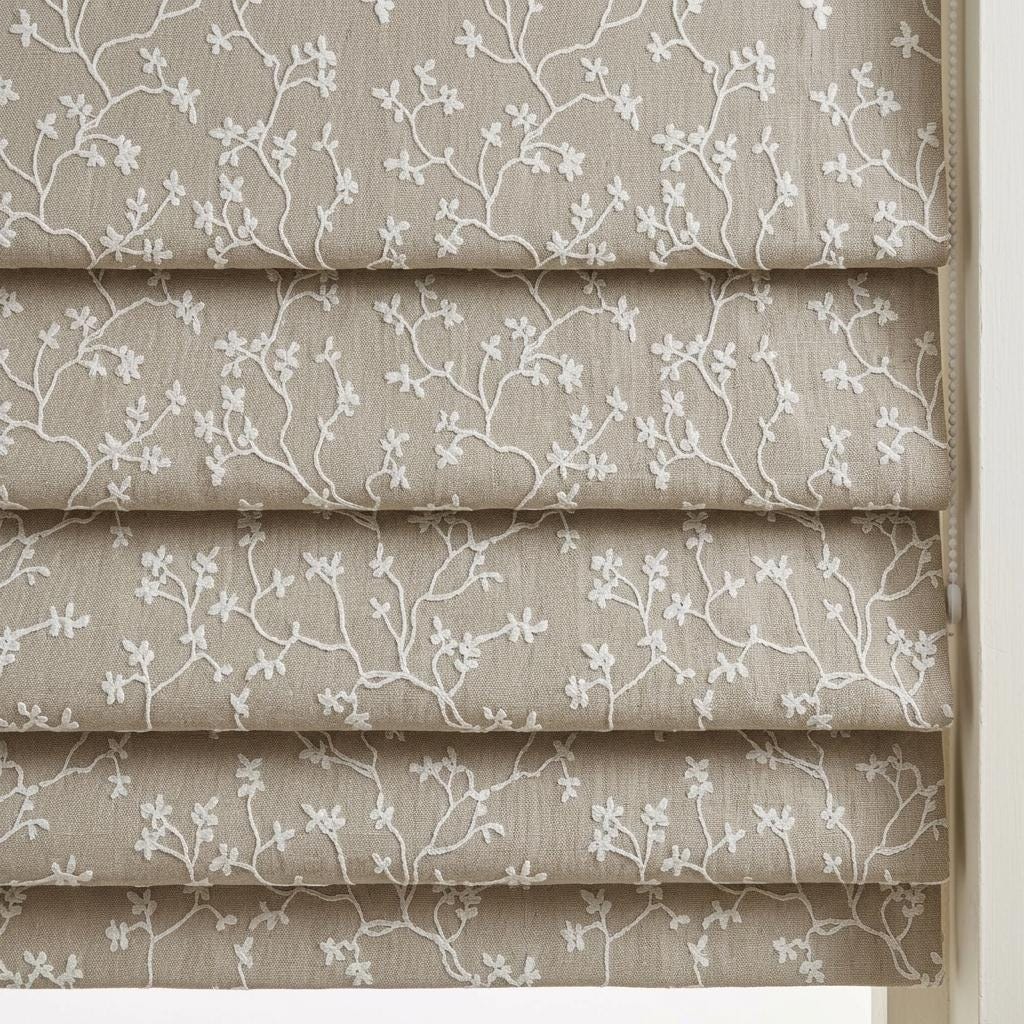 Natural Beige Linen Roman Shade, Ivory Floral Vine Embroidered Blind, Custom Corded Blackout Window Shade — image 1