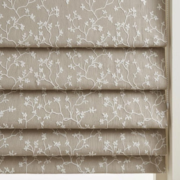 Natural Beige Linen Roman Shade, Ivory Floral Vine Embroidered Blind, Custom Corded Blackout Window Shade — image 1