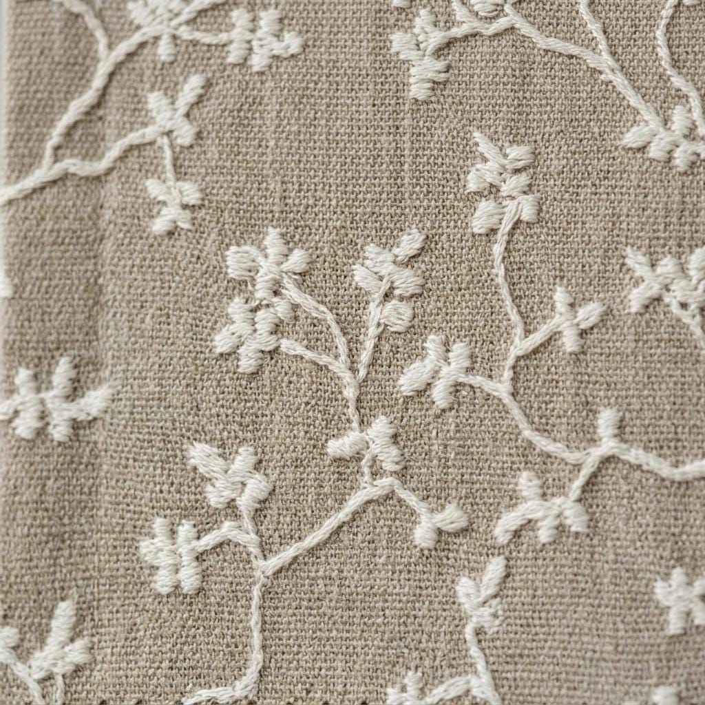 Natural Beige Linen Roman Shade, Ivory Floral Vine Embroidered Blind, Custom Corded Blackout Window Shade — image 7
