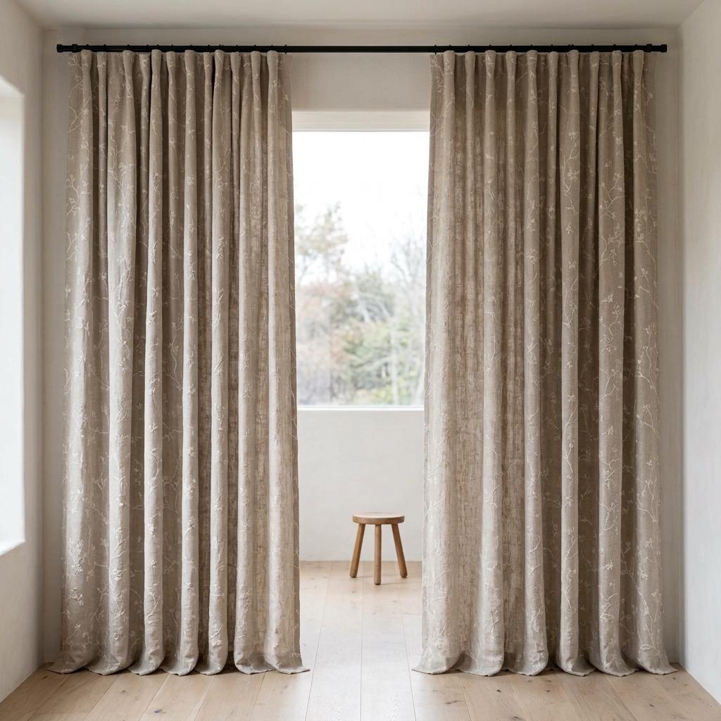 Oatmeal Beige Linen Curtains, White Floral Branch Embroidery, Custom Sizes, Optional Blackout Lining — image 8