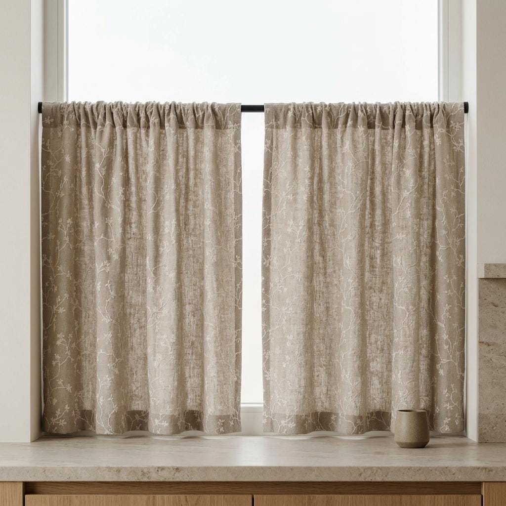 Oatmeal Beige Linen Curtains, White Floral Branch Embroidery, Custom Sizes, Optional Blackout Lining — image 7