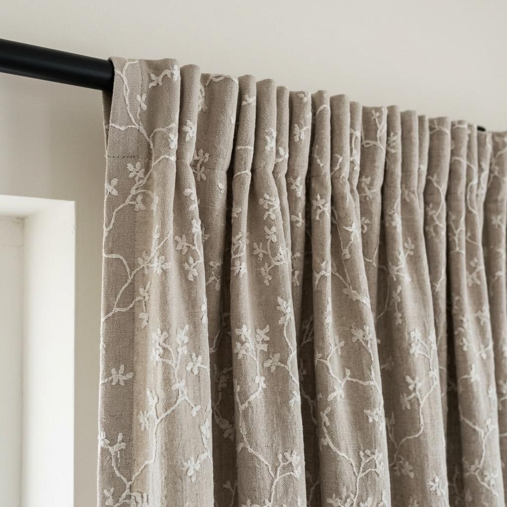 Oatmeal Beige Linen Curtains, White Floral Branch Embroidery, Custom Sizes, Optional Blackout Lining — image 10