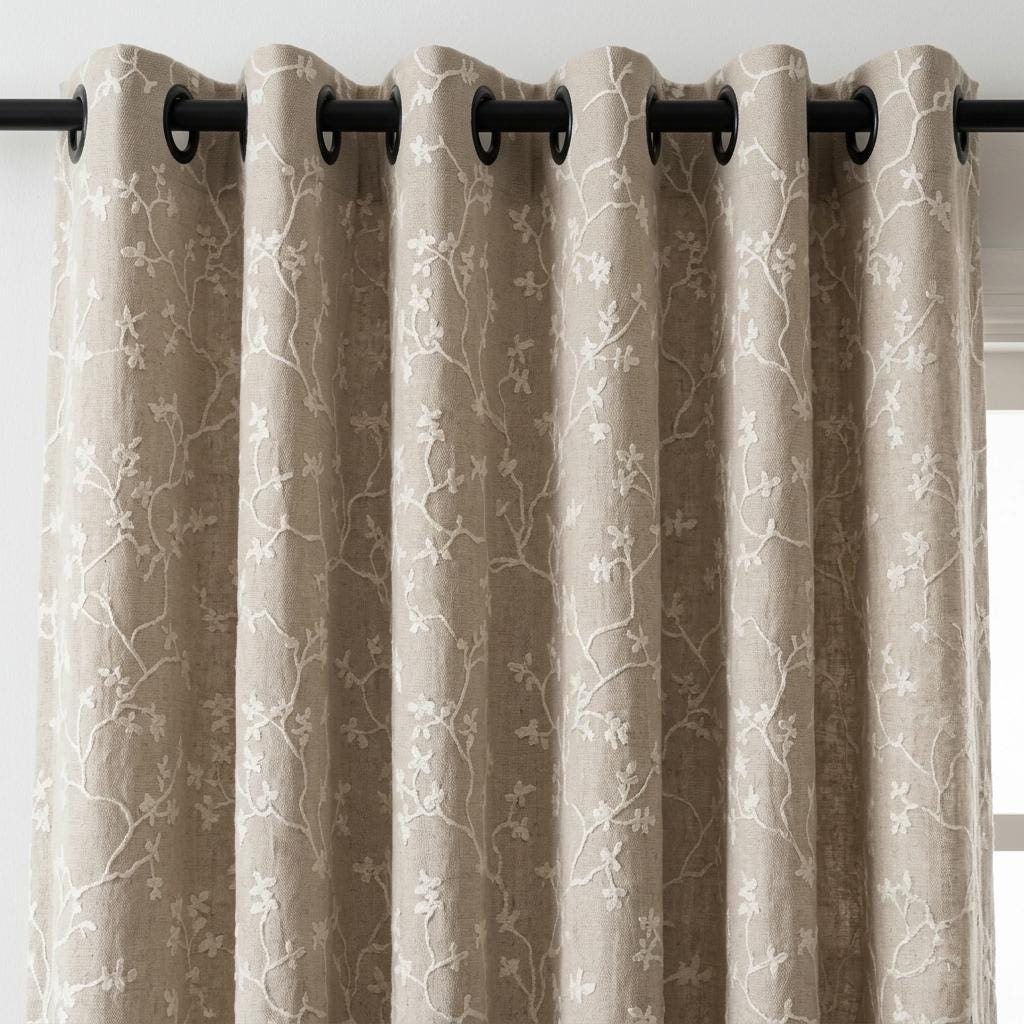 Oatmeal Beige Linen Curtains, White Floral Branch Embroidery, Custom Sizes, Optional Blackout Lining — image 3