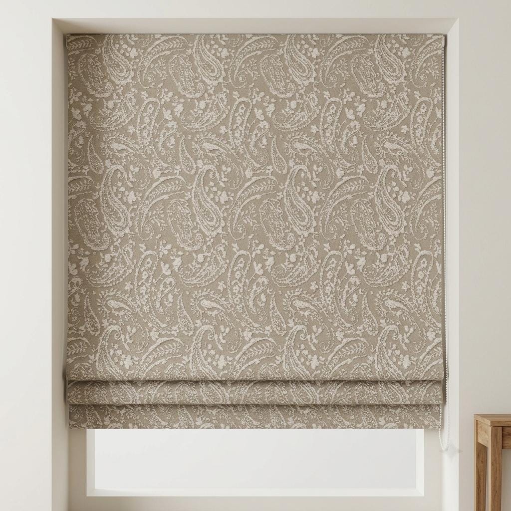 Natural Beige Linen Roman Shade, Ivory Paisley Floral Embroidered Blind, Custom Corded Blackout Window Shade — image 1
