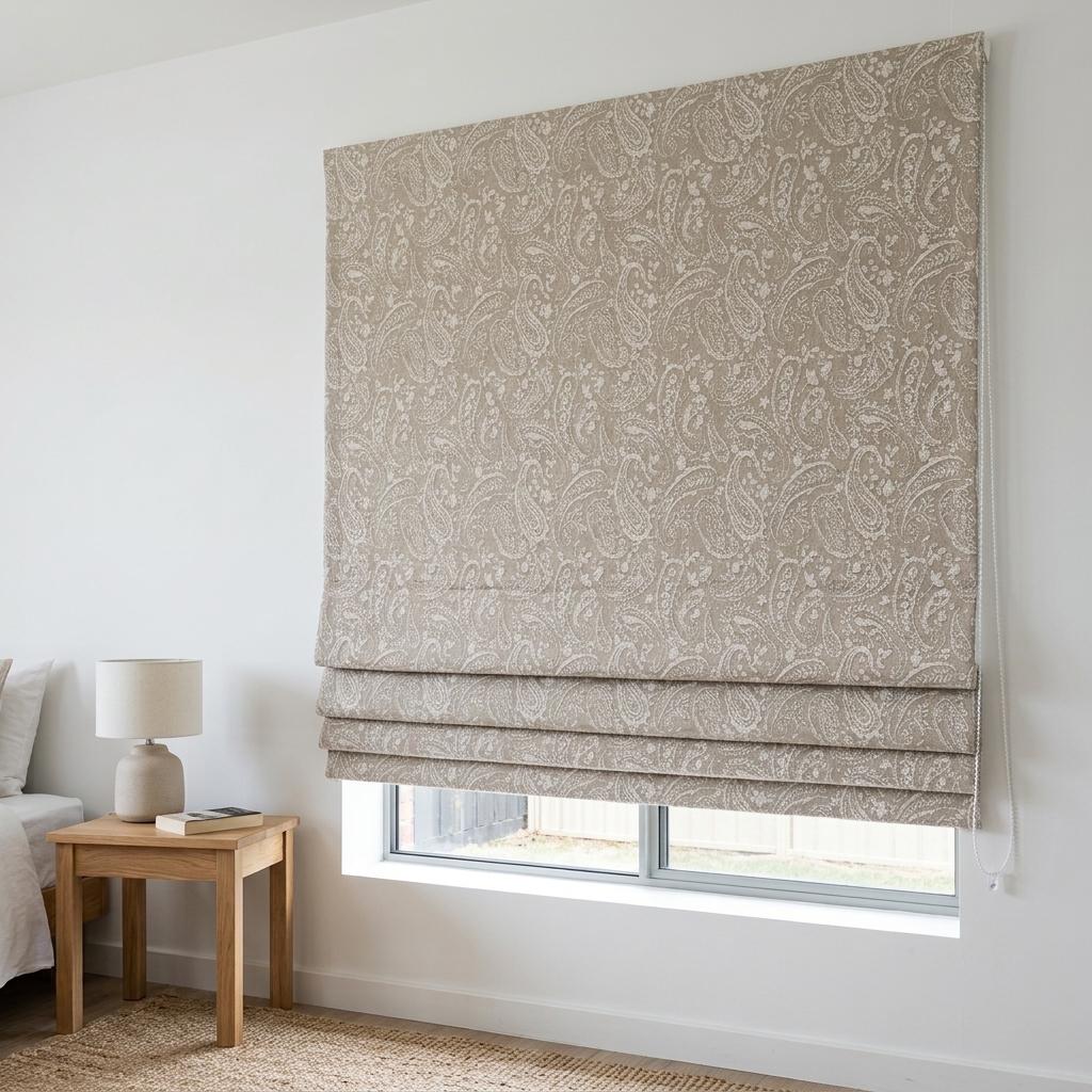 Natural Beige Linen Roman Shade, Ivory Paisley Floral Embroidered Blind, Custom Corded Blackout Window Shade — image 6