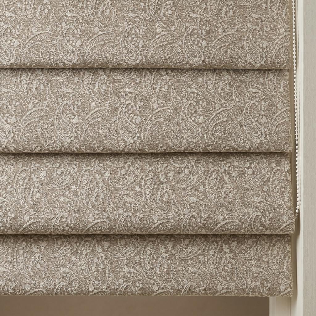 Natural Beige Linen Roman Shade, Ivory Paisley Floral Embroidered Blind, Custom Corded Blackout Window Shade — image 8