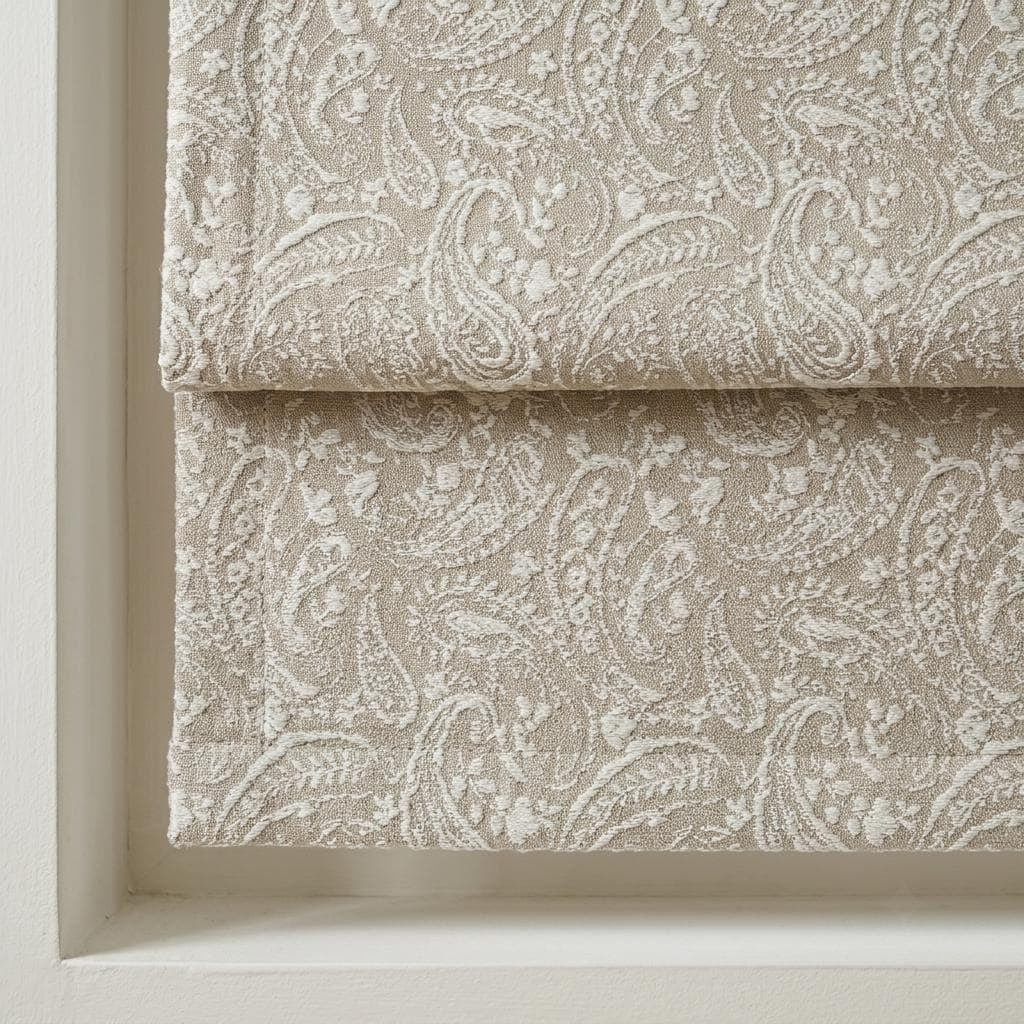 Natural Beige Linen Roman Shade, Ivory Paisley Floral Embroidered Blind, Custom Corded Blackout Window Shade — image 1