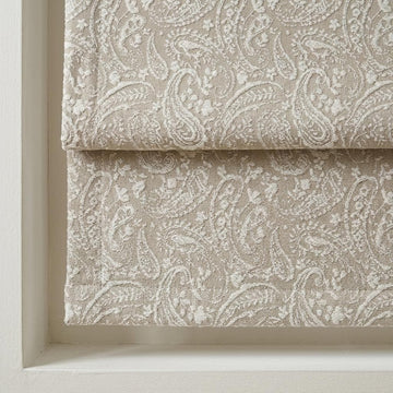 Natural Beige Linen Roman Shade, Ivory Paisley Floral Embroidered Blind, Custom Corded Blackout Window Shade — image 1