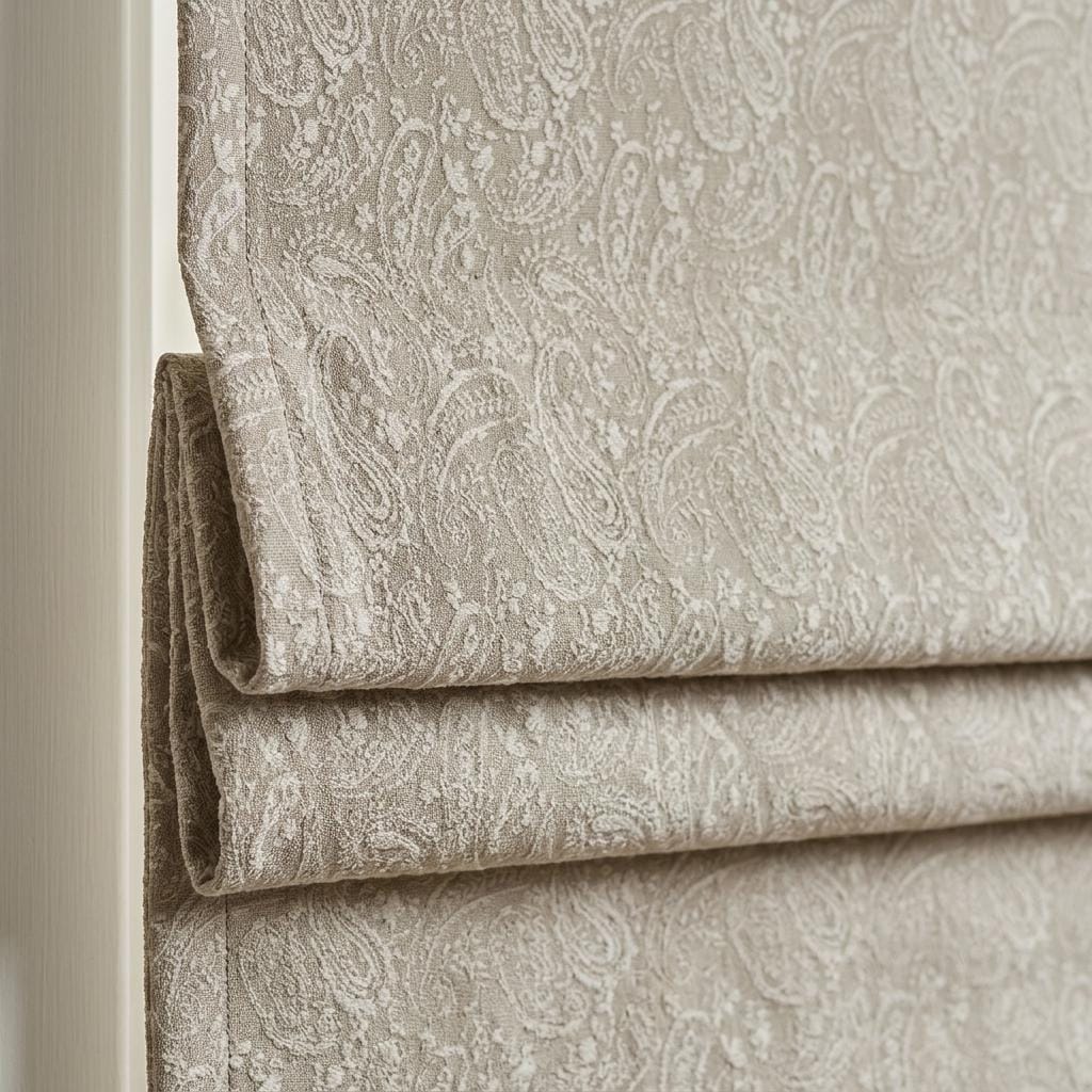 Natural Beige Linen Roman Shade, Ivory Paisley Floral Embroidered Blind, Custom Corded Blackout Window Shade — image 3