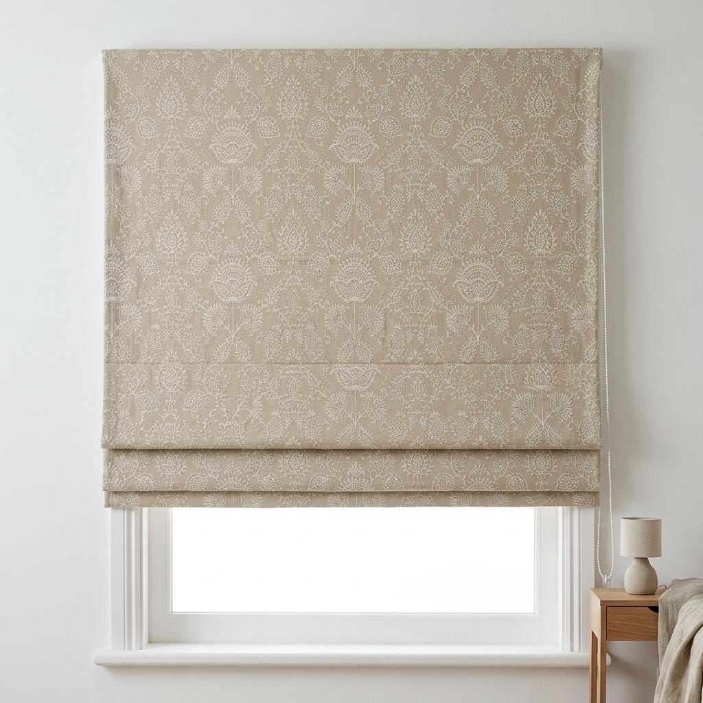 Natural Beige Linen Roman Shade, Ivory Jacobean Floral Embroidered Blind, Custom Corded Blackout Window Shade — image 6