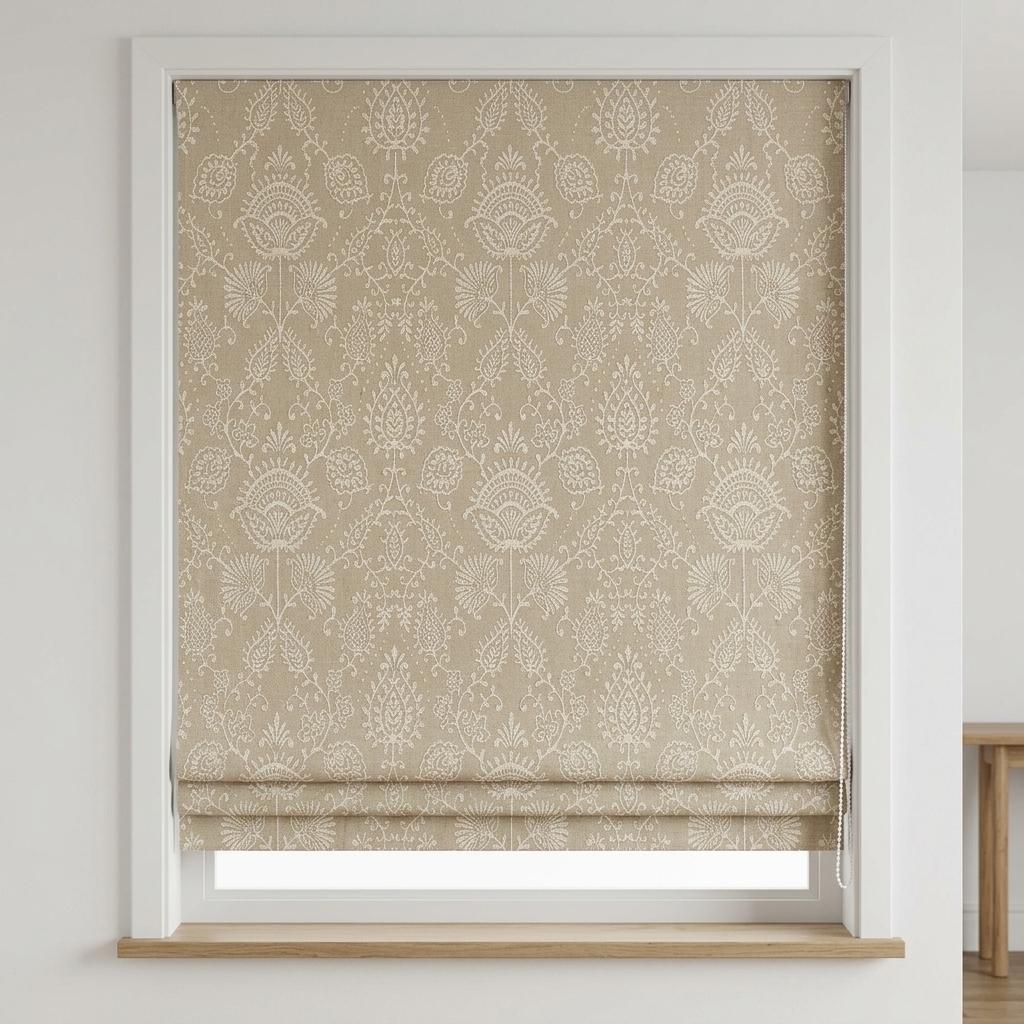 Natural Beige Linen Roman Shade, Ivory Jacobean Floral Embroidered Blind, Custom Corded Blackout Window Shade — image 1