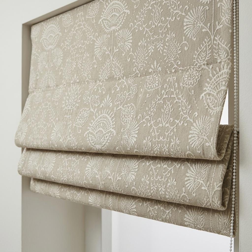 Natural Beige Linen Roman Shade, Ivory Jacobean Floral Embroidered Blind, Custom Corded Blackout Window Shade — image 9