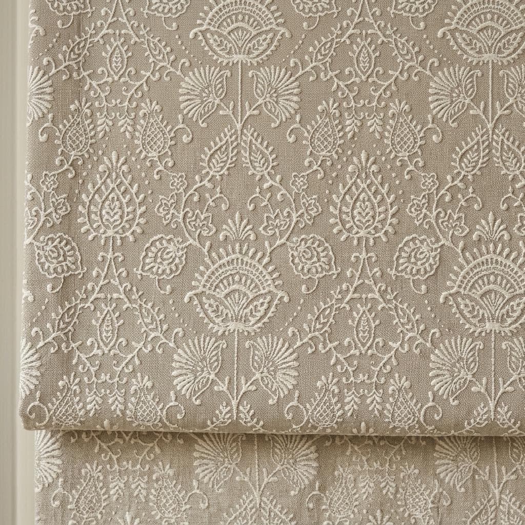 Natural Beige Linen Roman Shade, Ivory Jacobean Floral Embroidered Blind, Custom Corded Blackout Window Shade — image 1