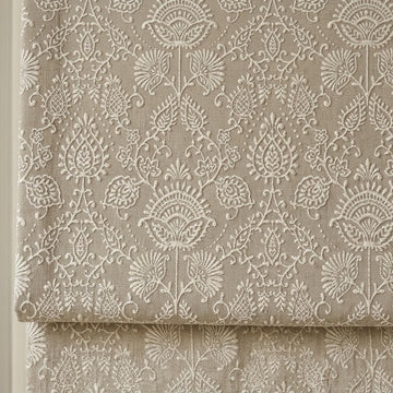 Natural Beige Linen Roman Shade, Ivory Jacobean Floral Embroidered Blind, Custom Corded Blackout Window Shade — image 1