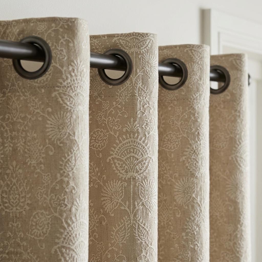 Beige Linen Curtains, Ivory Jacobean Floral Embroidery, Custom Sizes, Optional Blackout Lining — image 4